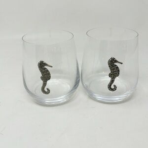 MENAGERIE Stemless Wine Cognac Glasses Set of 2 Pewter Seahorse Coastal Decor